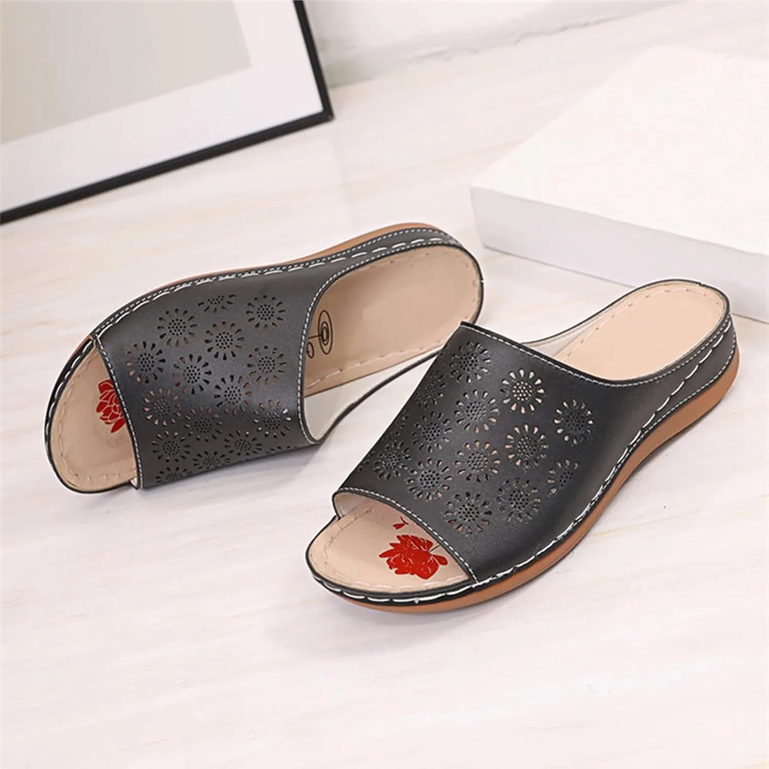 Wedges Sandals for Women 2022 Summer Open Toe Slip on Slide Slippers with Arch Support Breathable Hollow Comfortable Flat Beach Shoes,Black,US6/EU37