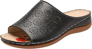 Wedges Sandals for Women 2022 Summer Open Toe Slip on Slide Slippers with Arch Support Breathable Hollow Comfortable Flat Beach Shoes,Black,US6/EU37