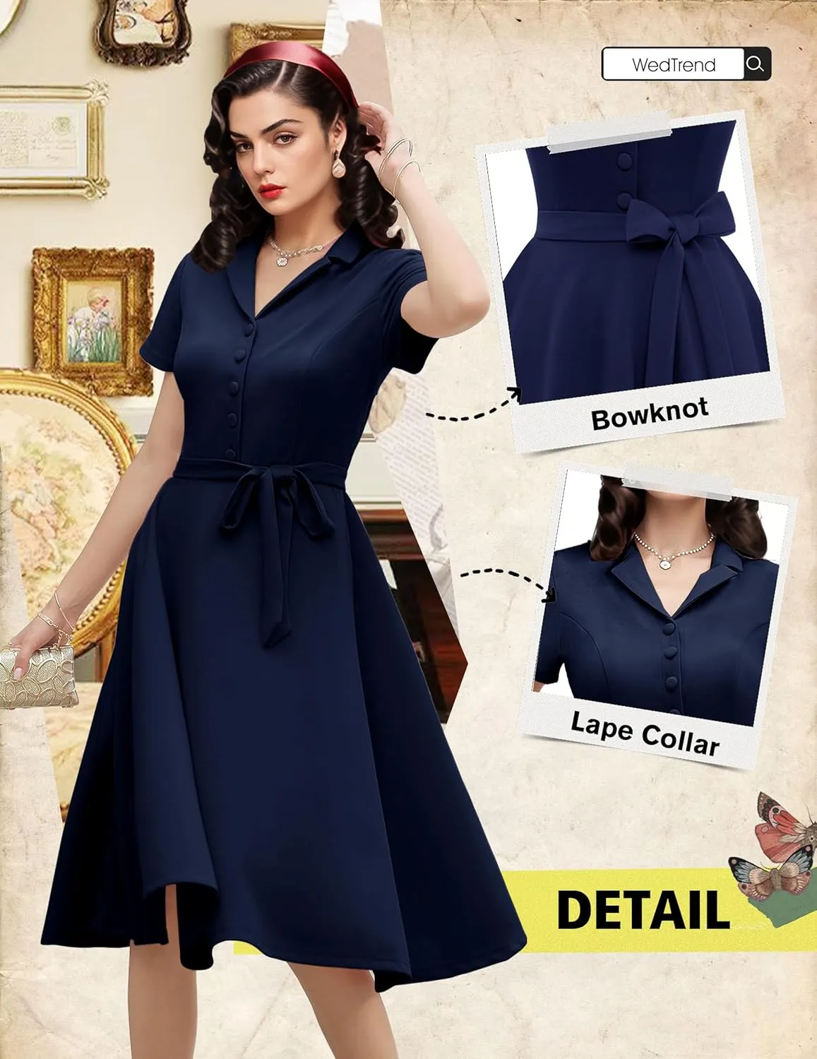 Wedtrend Women's Vintage Tea Dress, Short Sleeve Cocktail Party Dress Work Church Casual Dress