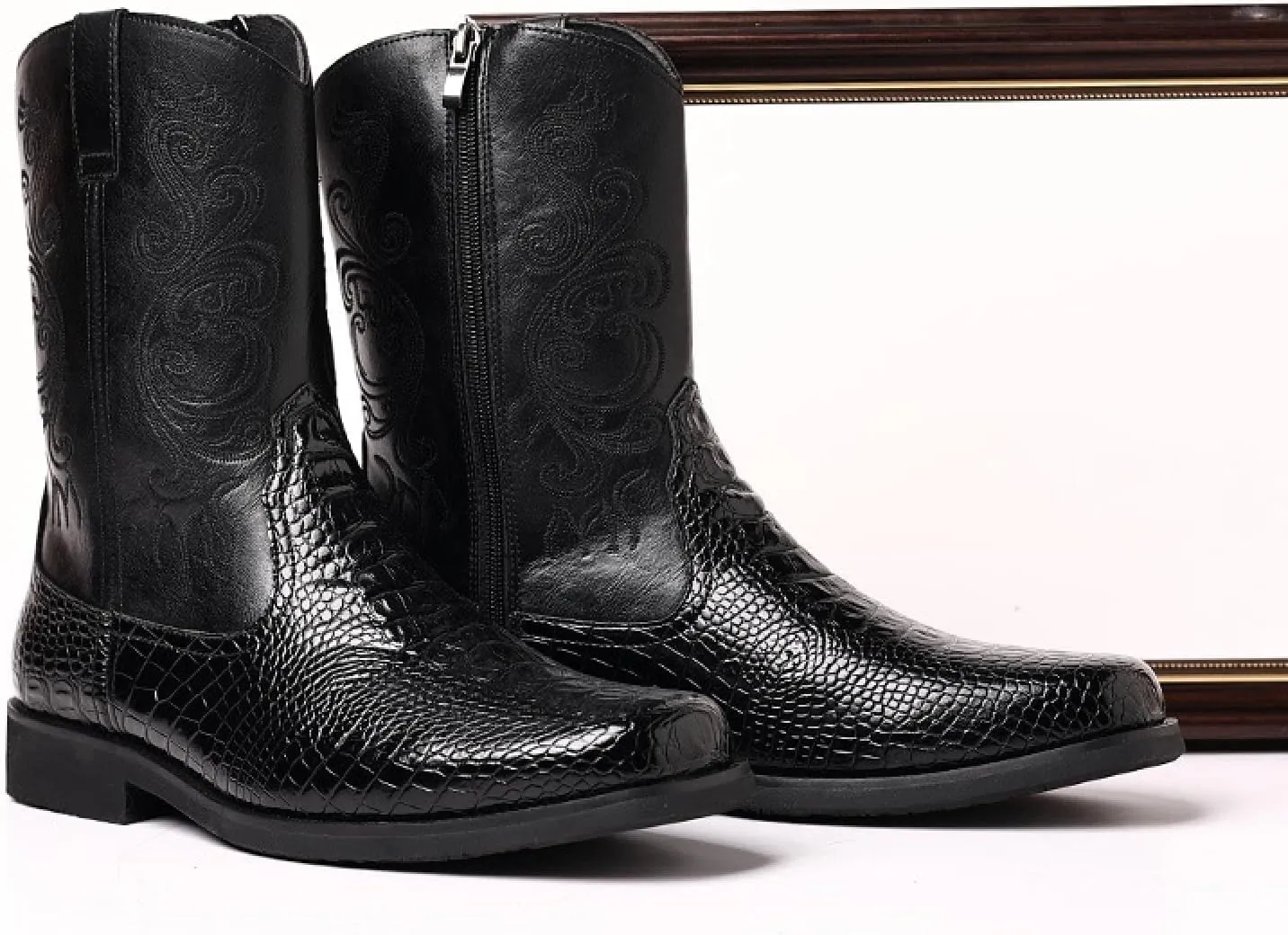 Western Boots Men's - Vintage Crocodile Pattern - Side Zippers - Block Heel Mid Boots Men's Winter Boots - Western Cowboy Boots