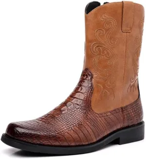 Western Boots Men's - Vintage Crocodile Pattern - Side Zippers - Block Heel Mid Boots Men's Winter Boots - Western Cowboy Boots