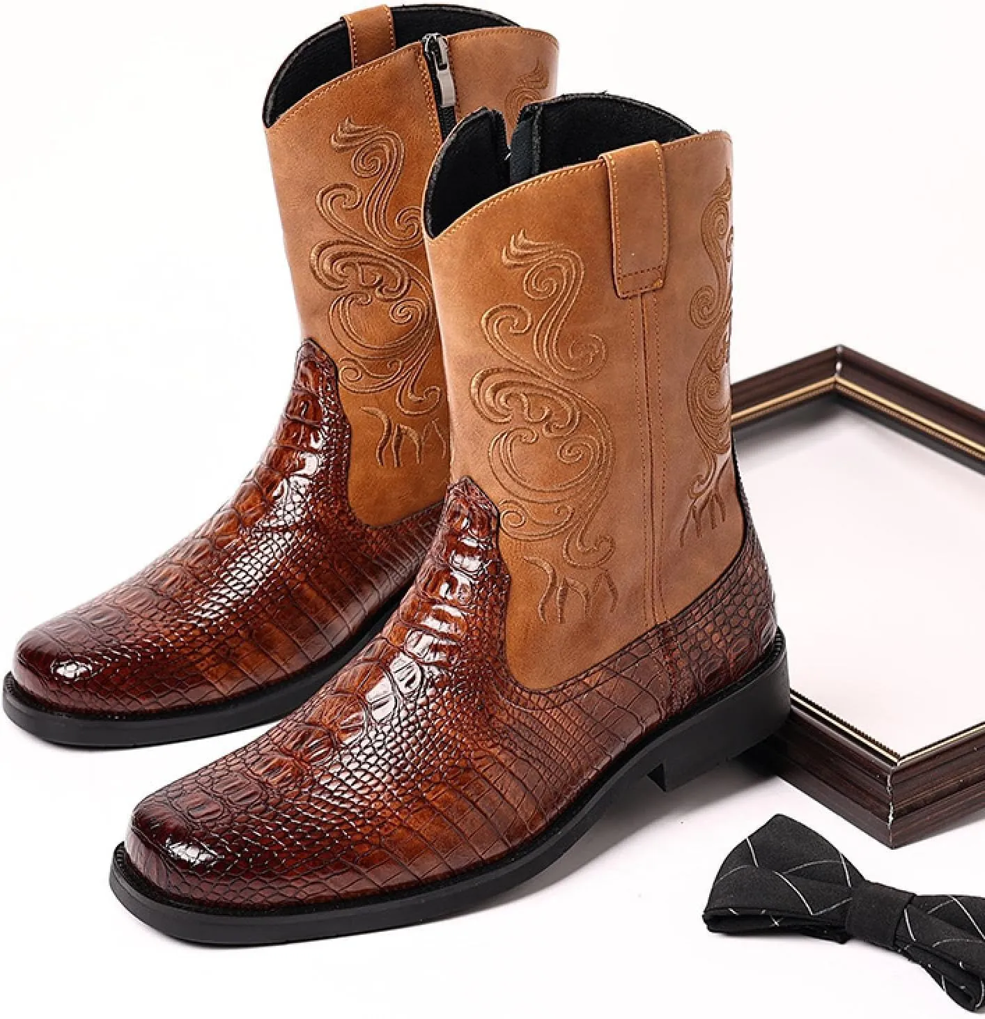 Western Boots Men's - Vintage Crocodile Pattern - Side Zippers - Block Heel Mid Boots Men's Winter Boots - Western Cowboy Boots