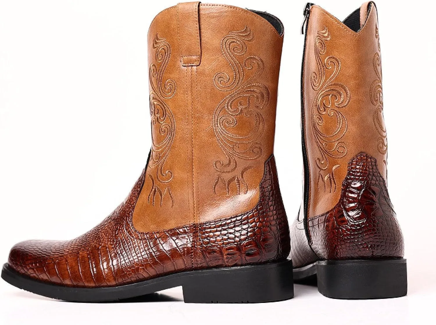 Western Boots Men's - Vintage Crocodile Pattern - Side Zippers - Block Heel Mid Boots Men's Winter Boots - Western Cowboy Boots