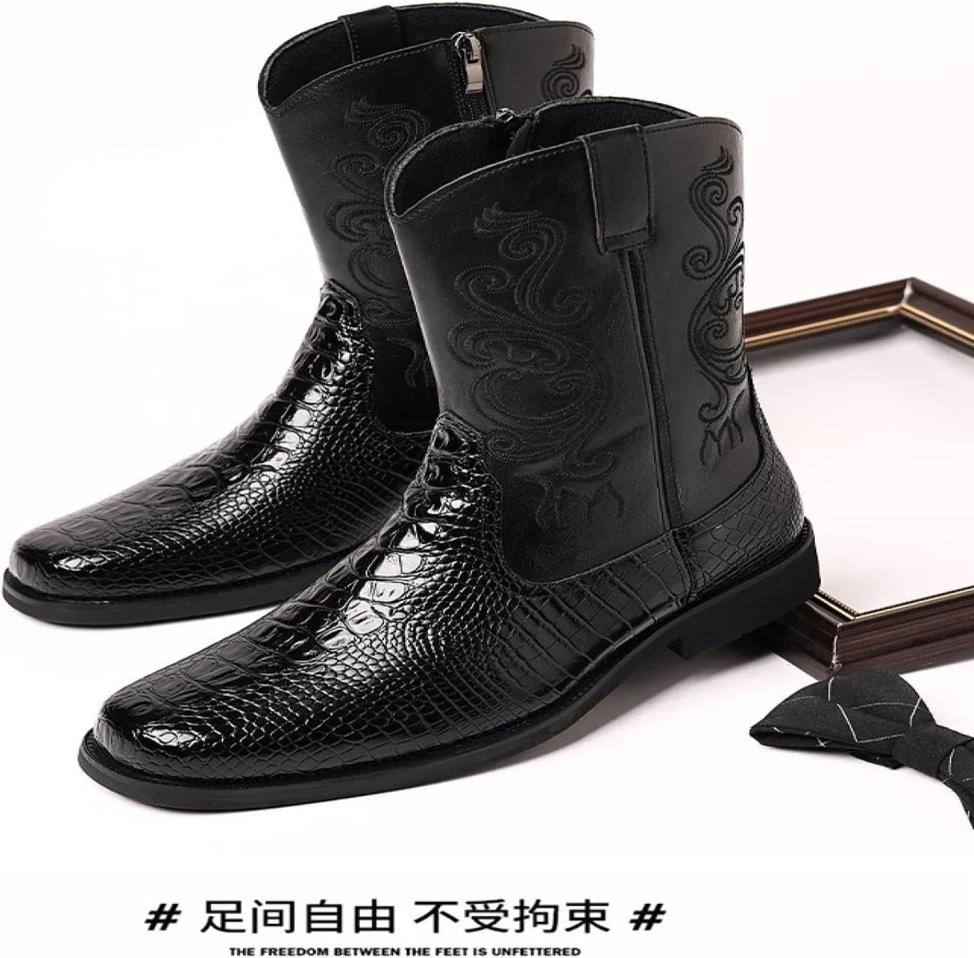 Western Boots Men's - Vintage Crocodile Pattern - Side Zippers - Block Heel Mid Boots Men's Winter Boots - Western Cowboy Boots