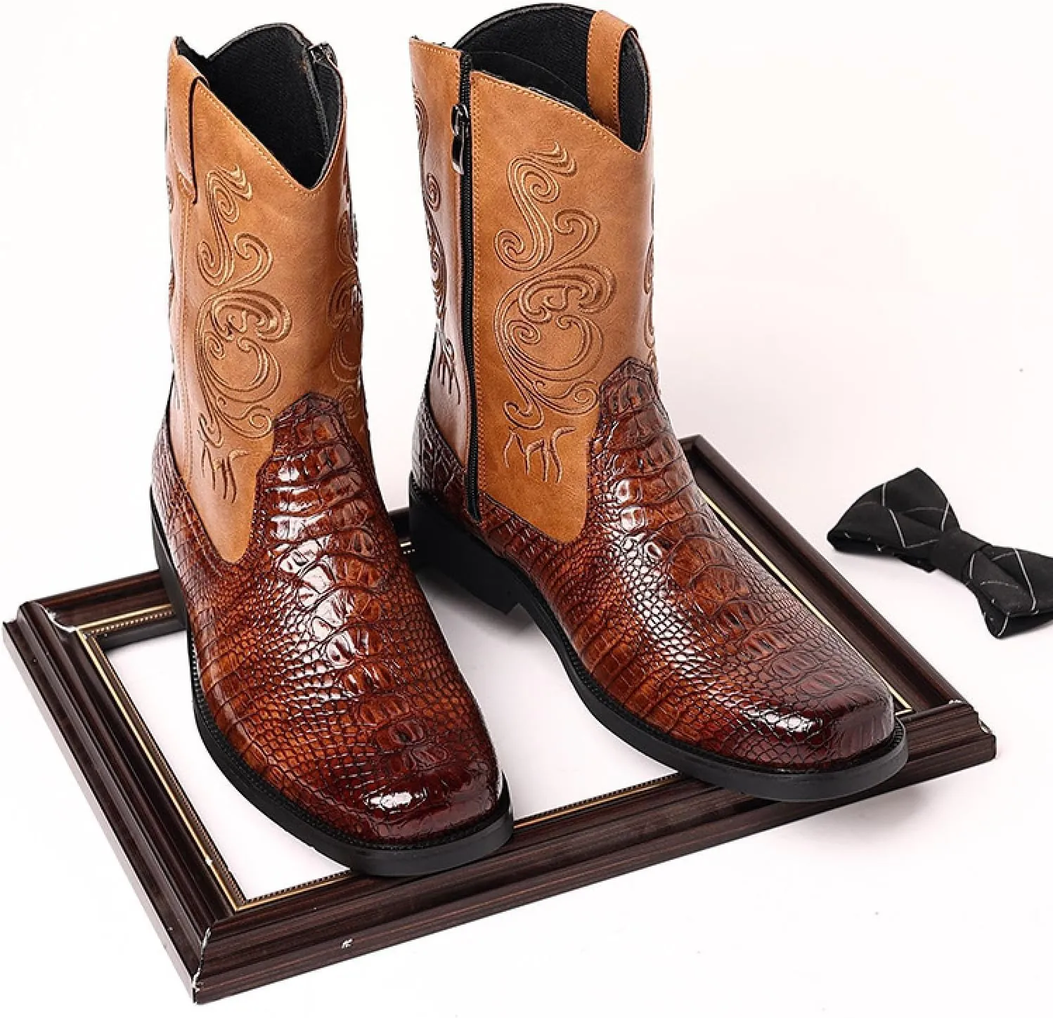 Western Boots Men's - Vintage Crocodile Pattern - Side Zippers - Block Heel Mid Boots Men's Winter Boots - Western Cowboy Boots