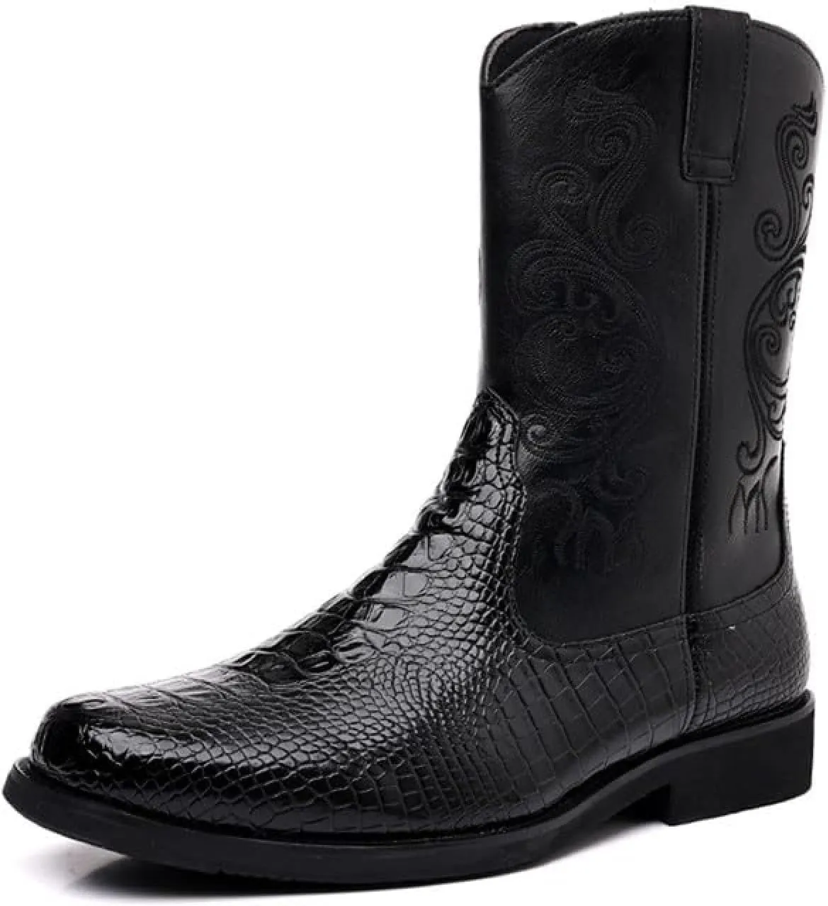 Western Boots Men's - Vintage Crocodile Pattern - Side Zippers - Block Heel Mid Boots Men's Winter Boots - Western Cowboy Boots
