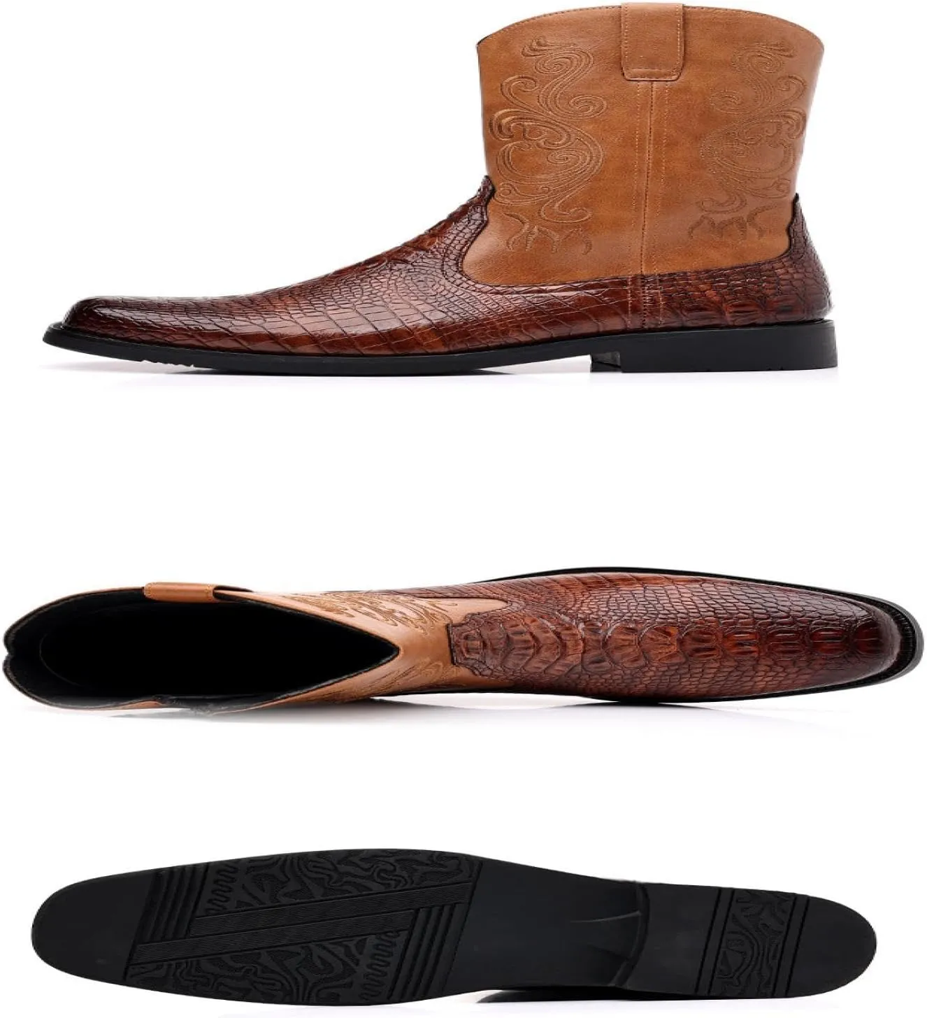 Western Boots Men's - Vintage Crocodile Pattern - Side Zippers - Block Heel Mid Boots Men's Winter Boots - Western Cowboy Boots