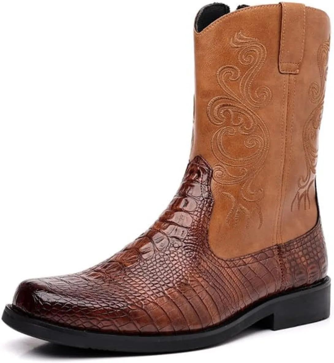 Western Boots Men's - Vintage Crocodile Pattern - Side Zippers - Block Heel Mid Boots Men's Winter Boots - Western Cowboy Boots
