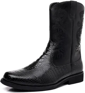 Western Boots Men's - Vintage Crocodile Pattern - Side Zippers - Block Heel Mid Boots Men's Winter Boots - Western Cowboy Boots