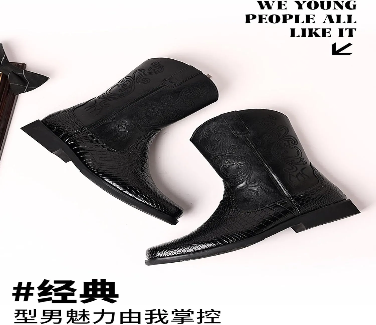 Western Boots Men's - Vintage Crocodile Pattern - Side Zippers - Block Heel Mid Boots Men's Winter Boots - Western Cowboy Boots