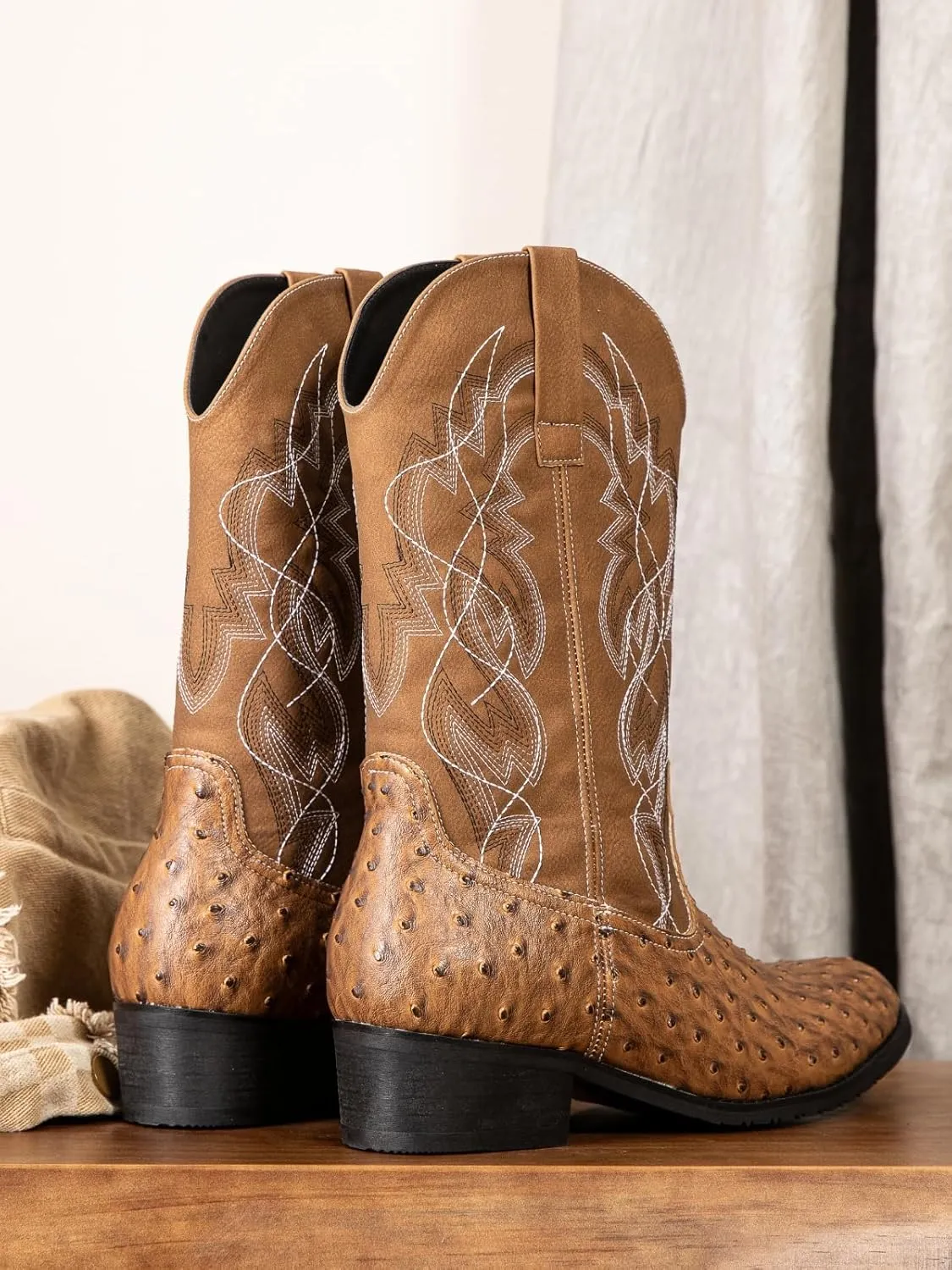 Western cowboy boots, ostrich leather, embroidered design, brown, mid-calf, men's antique ostrich embossed exotic western boots round head.