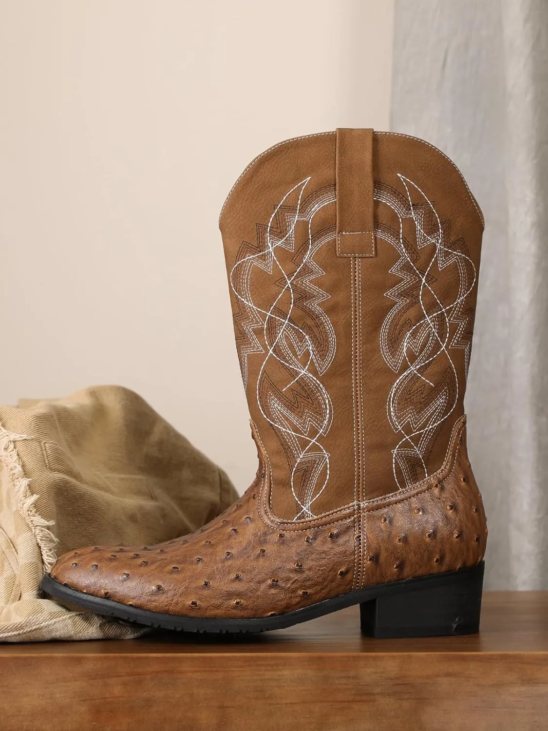 Western cowboy boots, ostrich leather, embroidered design, brown, mid-calf, men's antique ostrich embossed exotic western boots round head.