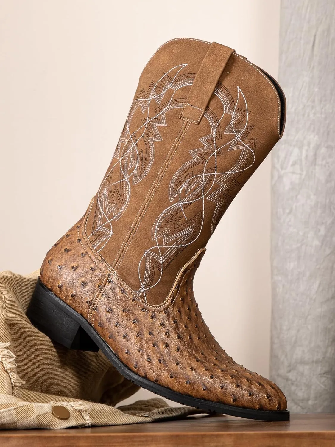 Western cowboy boots, ostrich leather, embroidered design, brown, mid-calf, men's antique ostrich embossed exotic western boots round head.