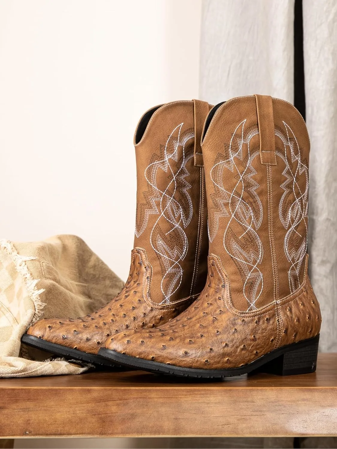 Western cowboy boots, ostrich leather, embroidered design, brown, mid-calf, men's antique ostrich embossed exotic western boots round head.