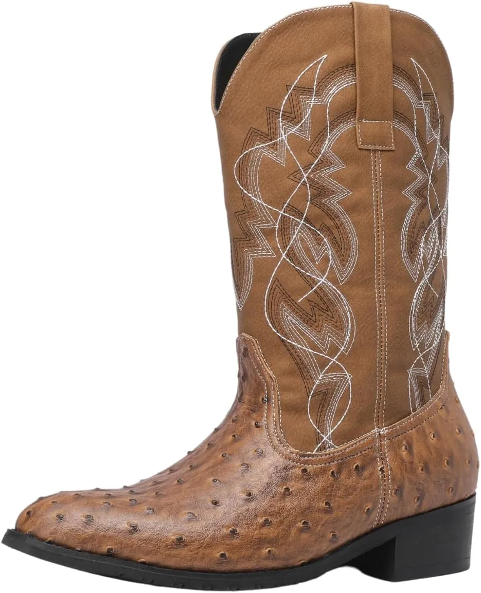 Western cowboy boots, ostrich leather, embroidered design, brown, mid-calf, men's antique ostrich embossed exotic western boots round head.