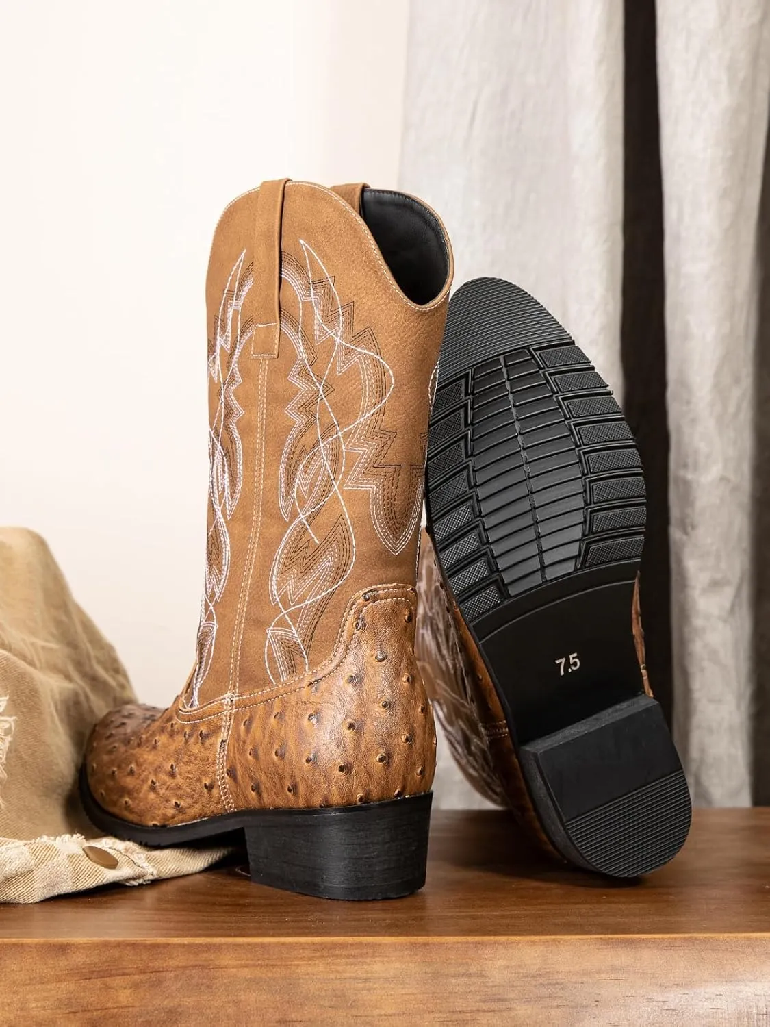 Western cowboy boots, ostrich leather, embroidered design, brown, mid-calf, men's antique ostrich embossed exotic western boots round head.