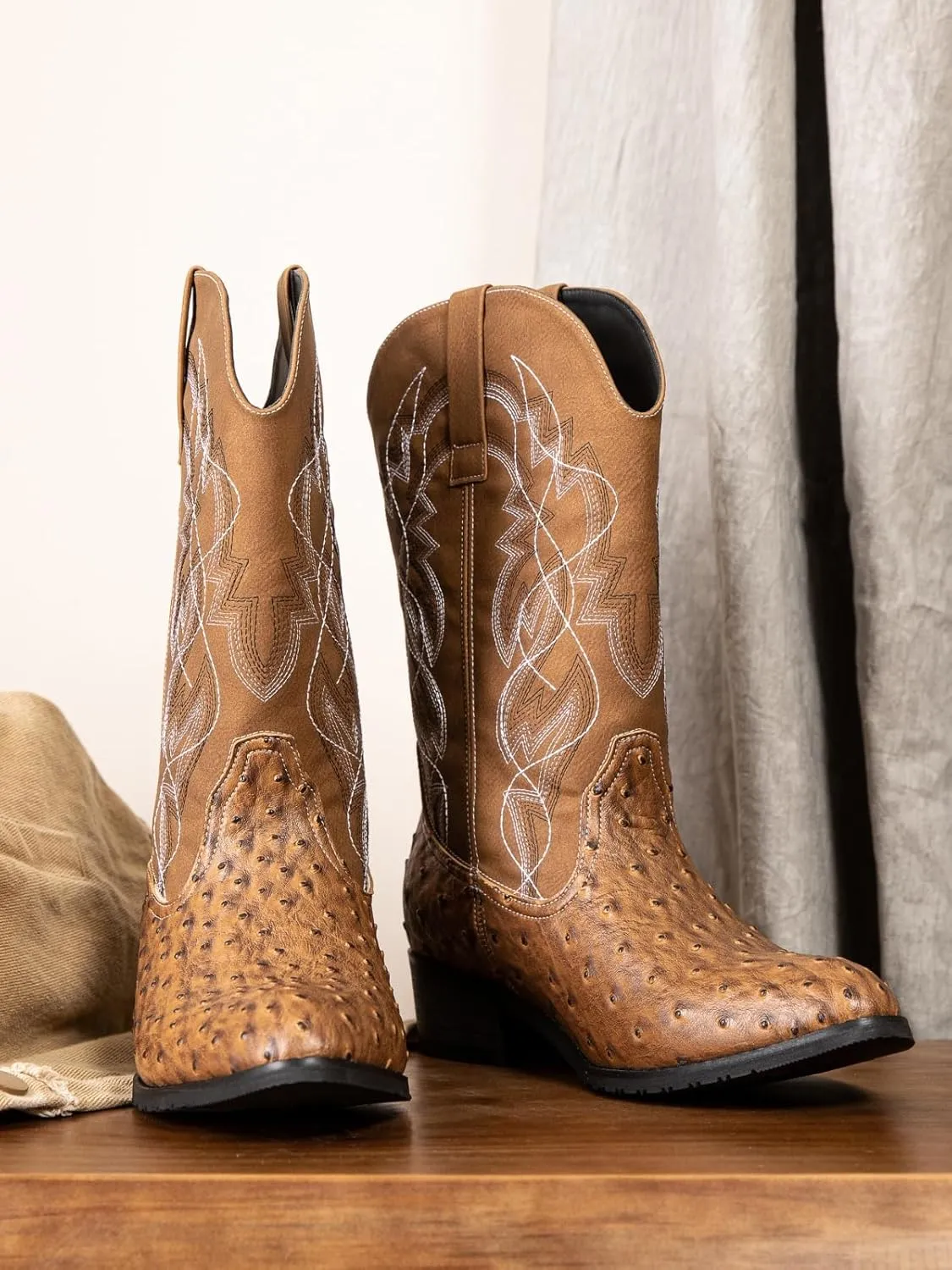 Western cowboy boots, ostrich leather, embroidered design, brown, mid-calf, men's antique ostrich embossed exotic western boots round head.