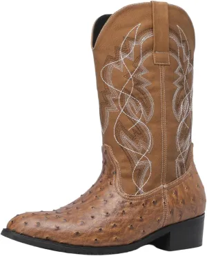 Western cowboy boots, ostrich leather, embroidered design, brown, mid-calf, men's antique ostrich embossed exotic western boots round head.