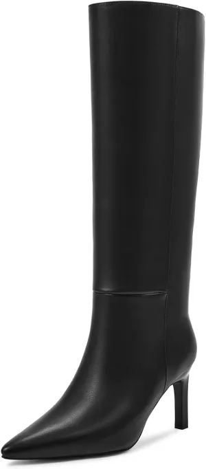 wetkiss Knee High Boots Women Chunky Heel Faux Crocodile Boots Pointed Toe Tall Pull-On Fall Long Boot
