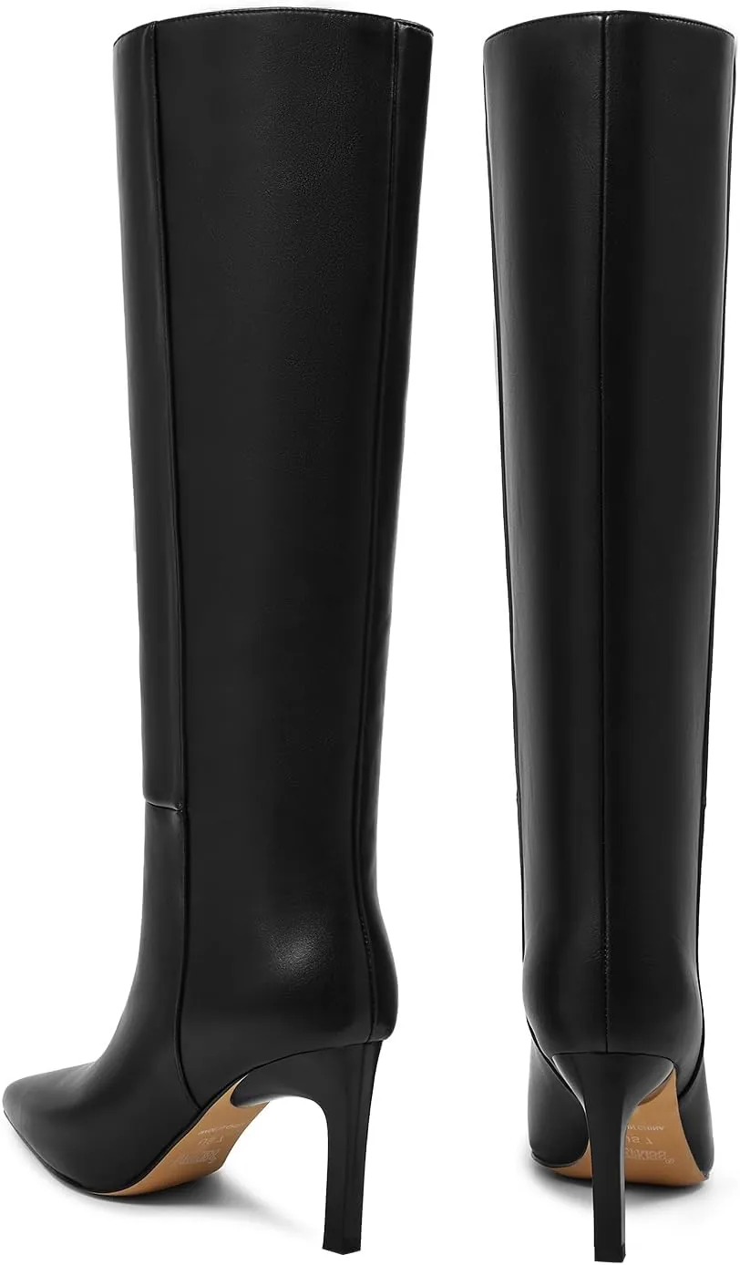 wetkiss Knee High Boots Women Chunky Heel Faux Crocodile Boots Pointed Toe Tall Pull-On Fall Long Boot