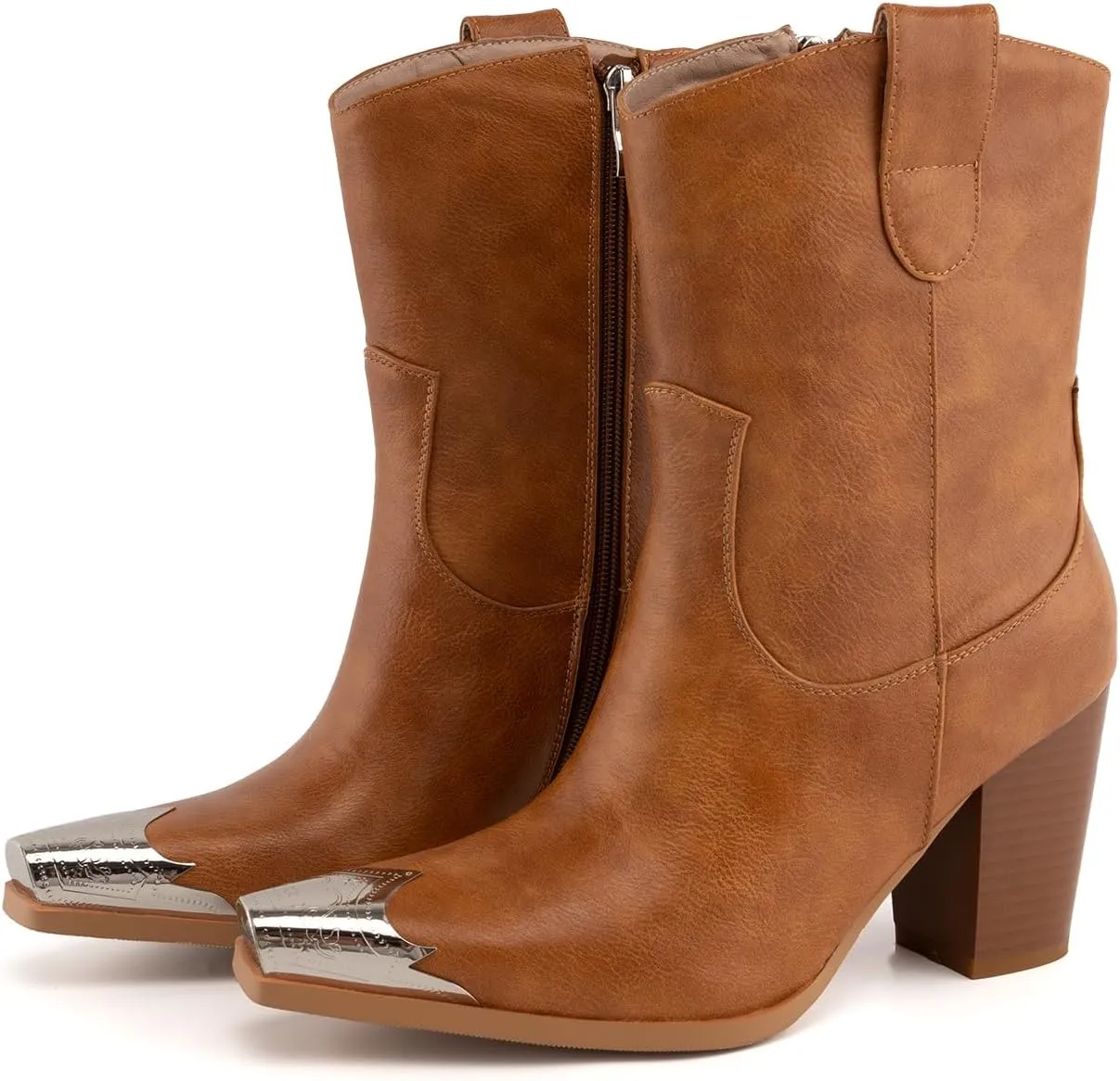 WIRALOMI Women's Western Boots, Ankle Boots with Comfortable Chunky Heel, Cowgirl Boots with Engraved Metal Square Toe, Cowgirl Boots for Women