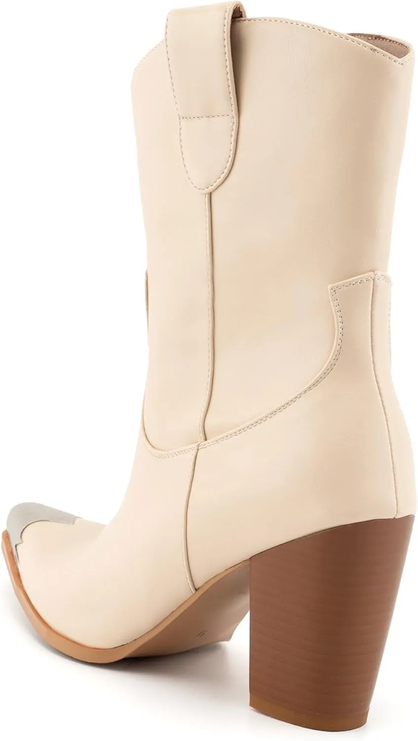 WIRALOMI Women's Western Boots, Ankle Boots with Comfortable Chunky Heel, Cowgirl Boots with Engraved Metal Square Toe, Cowgirl Boots for Women