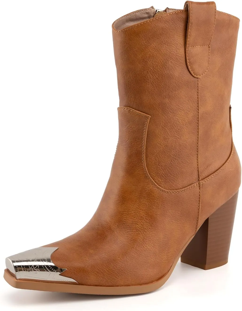 WIRALOMI Women's Western Boots, Ankle Boots with Comfortable Chunky Heel, Cowgirl Boots with Engraved Metal Square Toe, Cowgirl Boots for Women