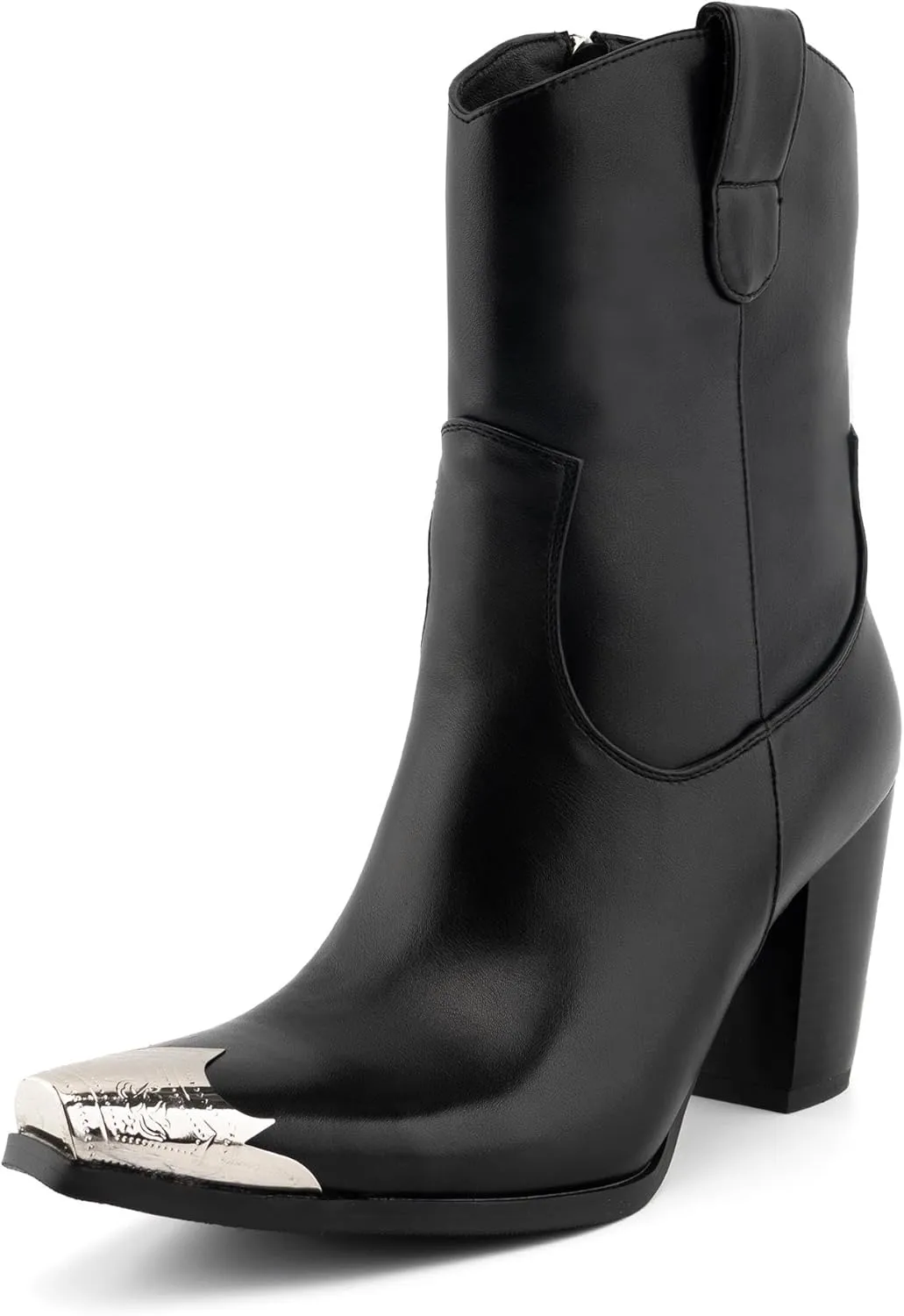 WIRALOMI Women's Western Boots, Ankle Boots with Comfortable Chunky Heel, Cowgirl Boots with Engraved Metal Square Toe, Cowgirl Boots for Women