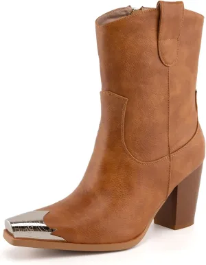 WIRALOMI Women's Western Boots, Ankle Boots with Comfortable Chunky Heel, Cowgirl Boots with Engraved Metal Square Toe, Cowgirl Boots for Women