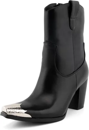 WIRALOMI Women's Western Boots, Ankle Boots with Comfortable Chunky Heel, Cowgirl Boots with Engraved Metal Square Toe, Cowgirl Boots for Women