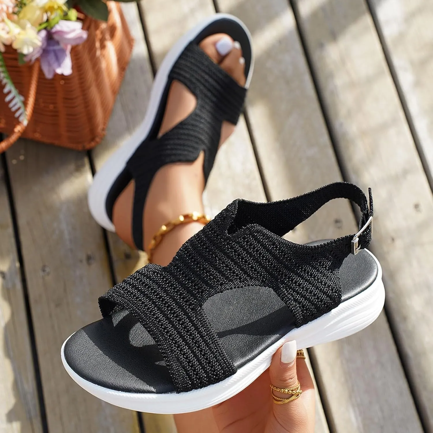 Women Air Cushion Sandals Low Wedge Elastic Ankle Strap Sandals Breathable Mesh Beach Walking Soprt Shoes Footwear