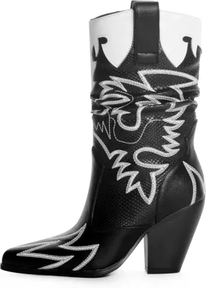 Women Cowboy Boots Mid Calf Embroidered Cowboy Boots for Women Knee High Chunky Heel Pointed Toe Wide Calf Western Boots Cowgirl Boots