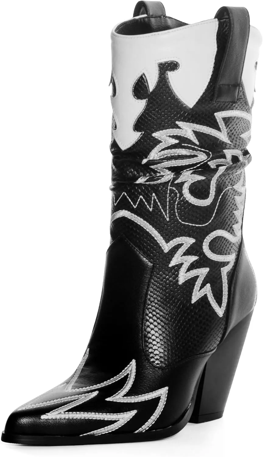 Women Cowboy Boots Mid Calf Embroidered Cowboy Boots for Women Knee High Chunky Heel Pointed Toe Wide Calf Western Boots Cowgirl Boots