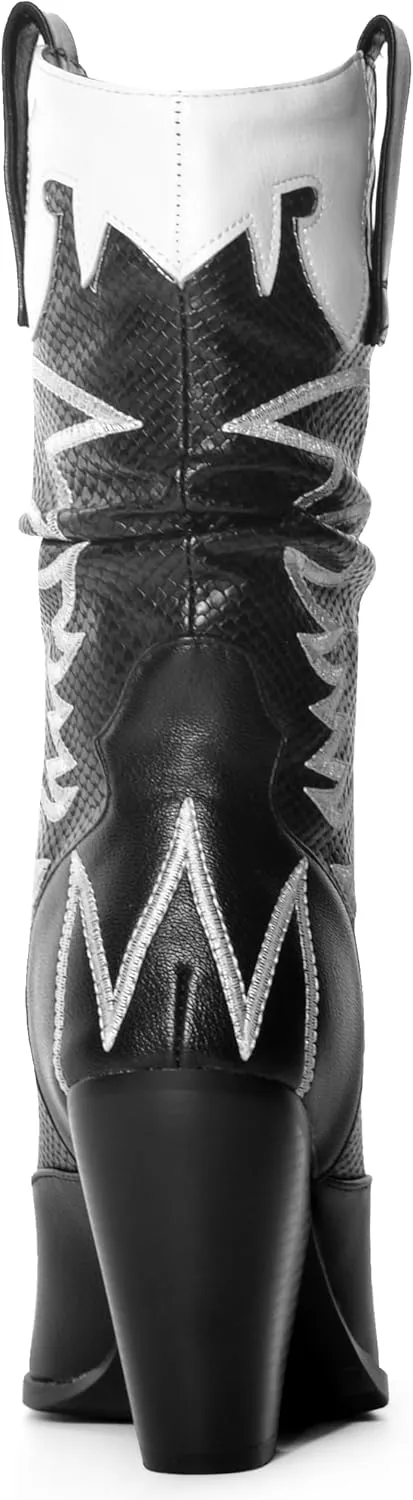 Women Cowboy Boots Mid Calf Embroidered Cowboy Boots for Women Knee High Chunky Heel Pointed Toe Wide Calf Western Boots Cowgirl Boots