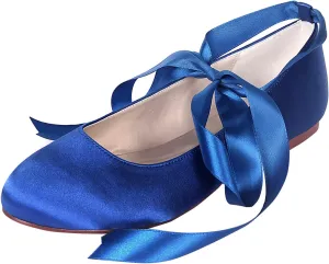 Women Flat Bridal Shoes Satin Ribbon Ballet Pumps Lace Up Closed Toe Wedding Prom Shoes