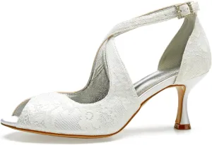 Women Lace Bridal Shoes Cross Strap Ankle Strap Prom Pumps Party Bridesmaid Shoes Peep Toe Mid Heel Wedding Sandals