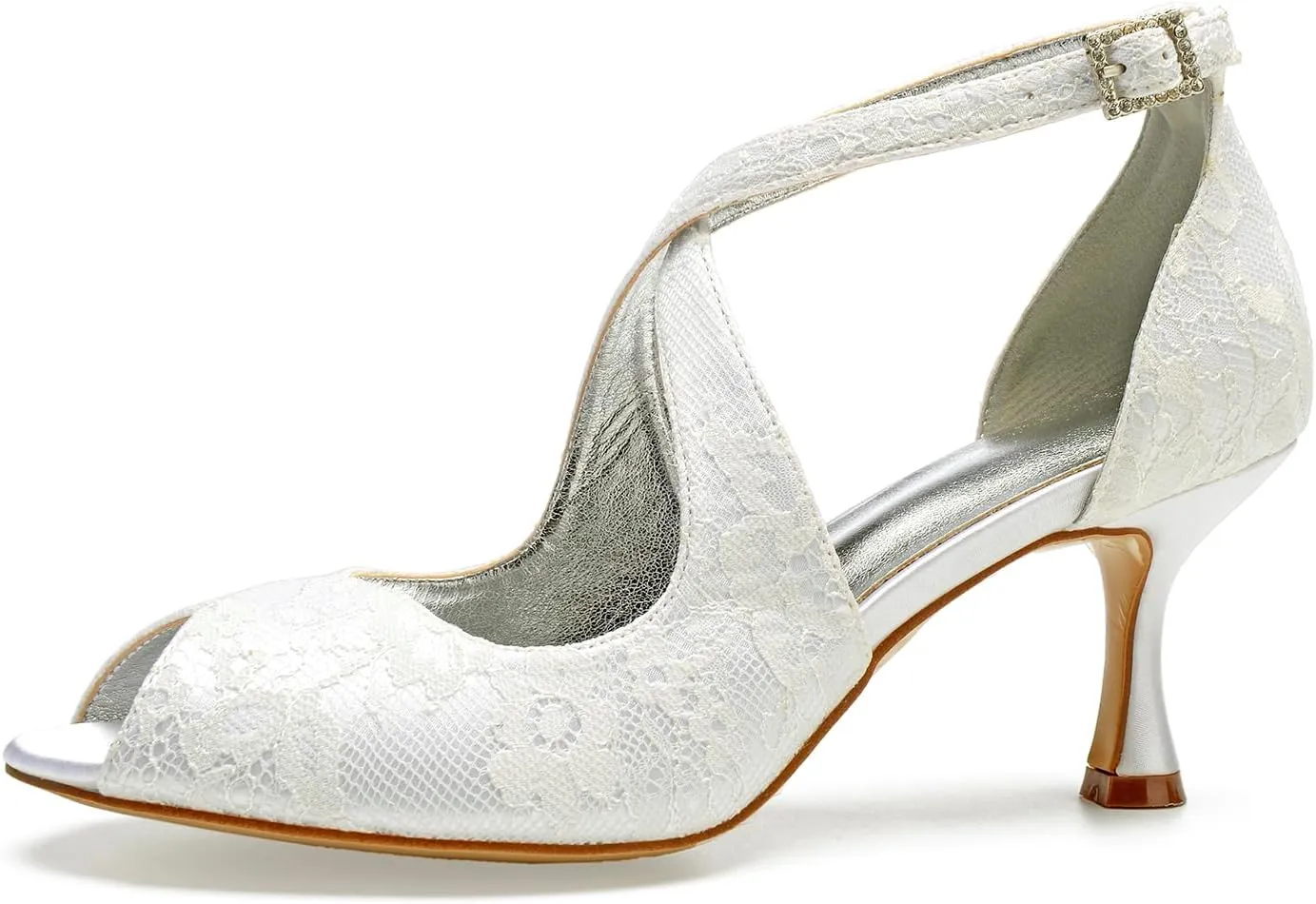 Women Lace Bridal Shoes Cross Strap Ankle Strap Prom Pumps Party Bridesmaid Shoes Peep Toe Mid Heel Wedding Sandals