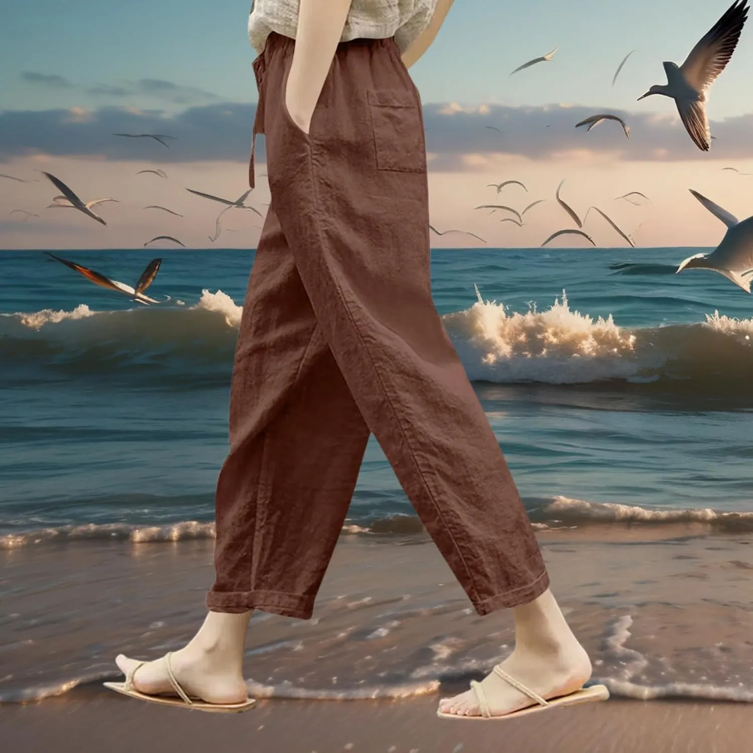 Women Linen Capri Pants-Cotton Linen Summer Pants with Drawstring Waist |Casual Beach Pant for Travel,Vacation Everyday Wear