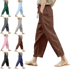 Women Linen Capri Pants-Cotton Linen Summer Pants with Drawstring Waist |Casual Beach Pant for Travel,Vacation Everyday Wear