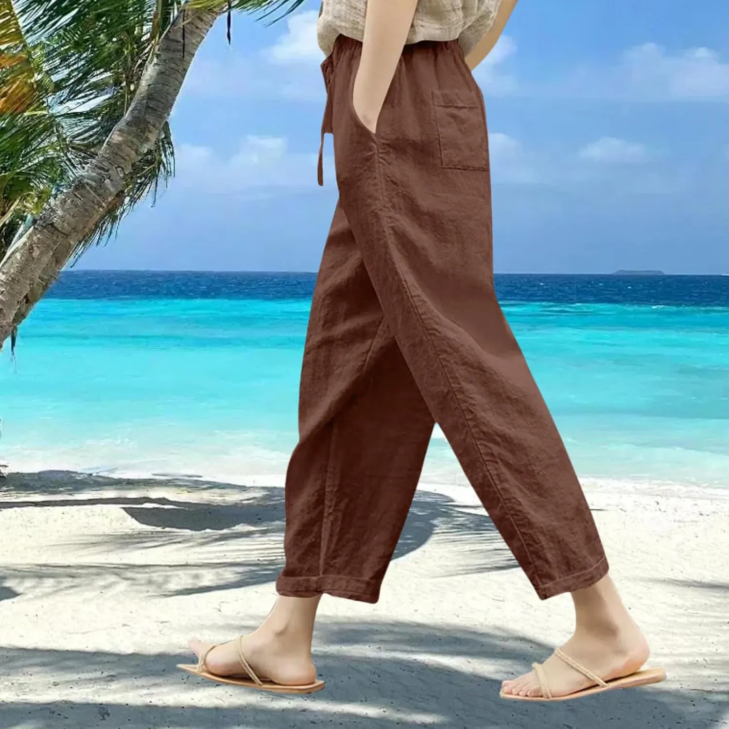 Women Linen Capri Pants-Cotton Linen Summer Pants with Drawstring Waist |Casual Beach Pant for Travel,Vacation Everyday Wear
