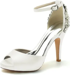 Women Peep Toe Rhinestones Sandals Satin Ankle Strap Bridal Pumps Ankle Buckle Evening Wedding Party Shoes Heel Wedding Sandals