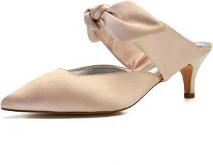 Women Pointed Toe Ribbon Tie Strap Sandals Mid Heel Satin Strappy Slip-on Party Wedding Slingback Evening Bridal Shoes