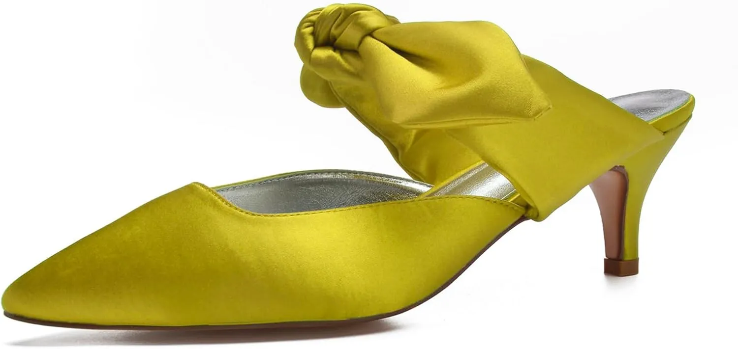 Women Pointed Toe Ribbon Tie Strap Sandals Mid Heel Satin Strappy Slip-on Party Wedding Slingback Evening Bridal Shoes