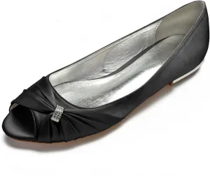 Women Satin Rhinestone Peep Toe Wedding Shoes Bride Bridesmaid Slip-on Prom Evening Party Dress Flat Shoes