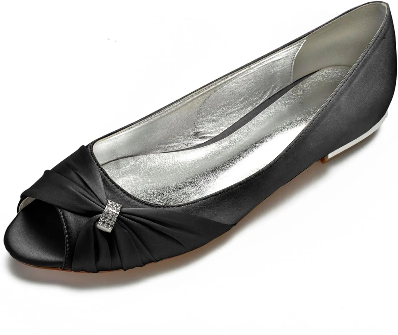 Women Satin Rhinestone Peep Toe Wedding Shoes Bride Bridesmaid Slip-on Prom Evening Party Dress Flat Shoes