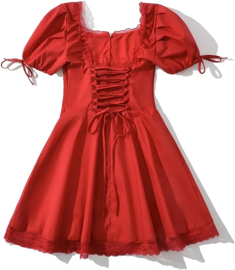Women Splice Lace Bodycon Mini Dress Lacing Up Bandage Back Short Bow Puff Sleeve Dresses Party Robe