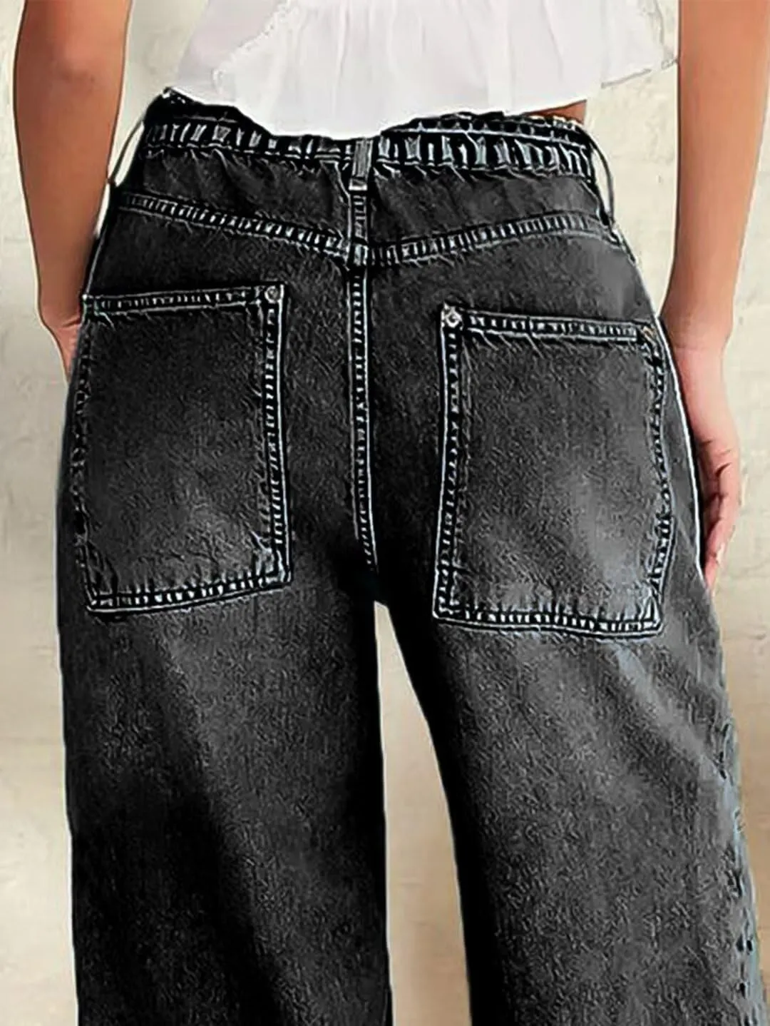 Women Wide Leg Jeans Elastic Mid Waist Belt Baggy Jeans Loose Casual Boyfriend Y2K Denim Pants with Pockets