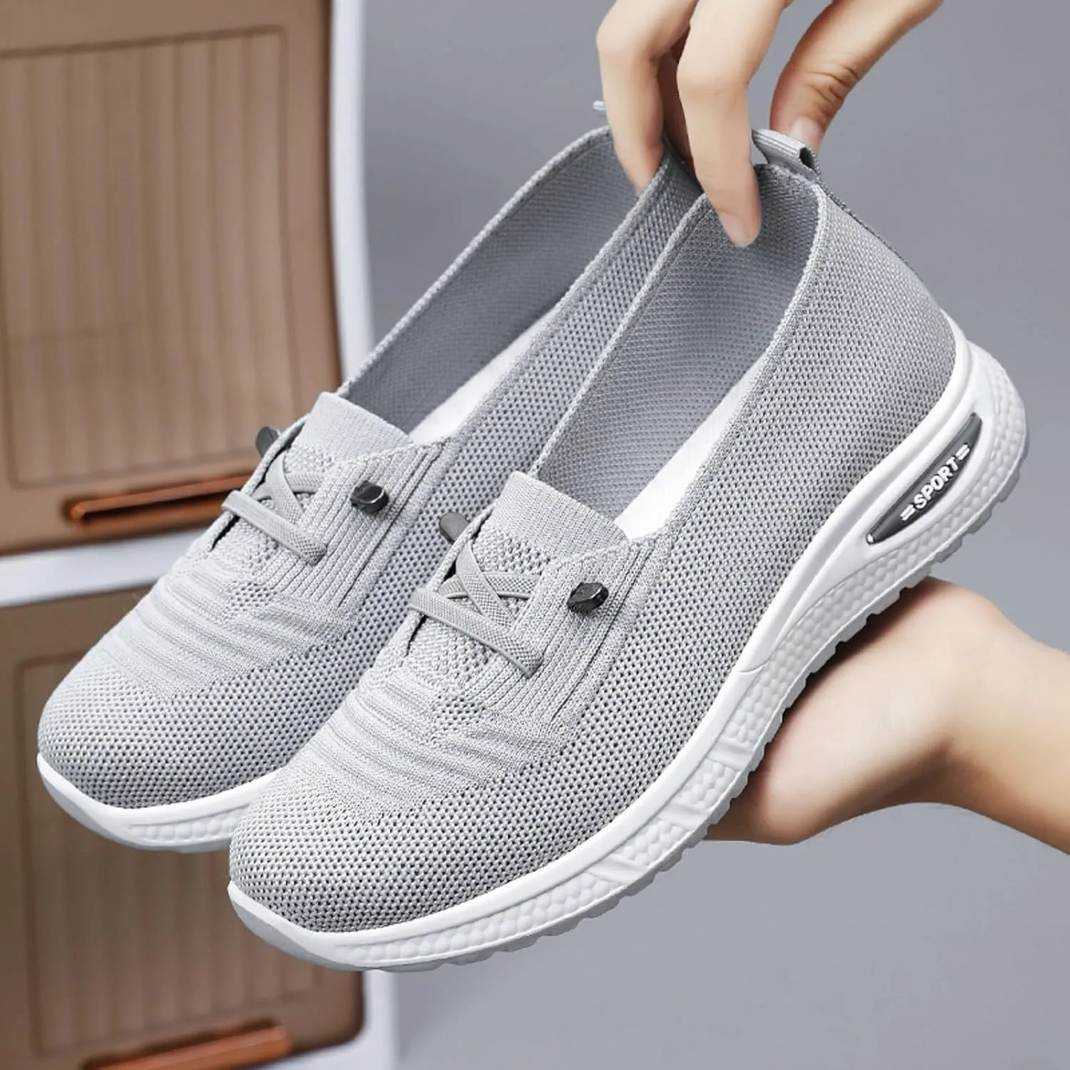 Women Woven Comfy Orthopedic Walking Shoes, 2025 New Women's Breathable Slip On Arch Support Non-Slip Sneakers with Arch Support Memory Foam Summer Running Footwear A-Grey,8.5