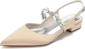 WomenPointed Toe Satin Wedding Flats for Bride Comfortable Rhinestones Bridal Shoes Evening Prom Party Dress Shoes Pumps Champagne Size 8.5