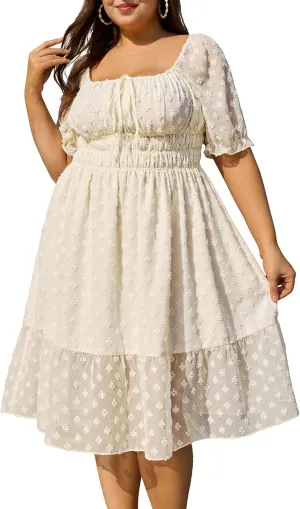 Women's 2025 Summer Plus Size Swiss Dot Midi Dress Puff Sleeve Square Neck Smocked Waist Vacation Dresses (US, Alpha, 3X, Plus, Regular, Plus Size, White)